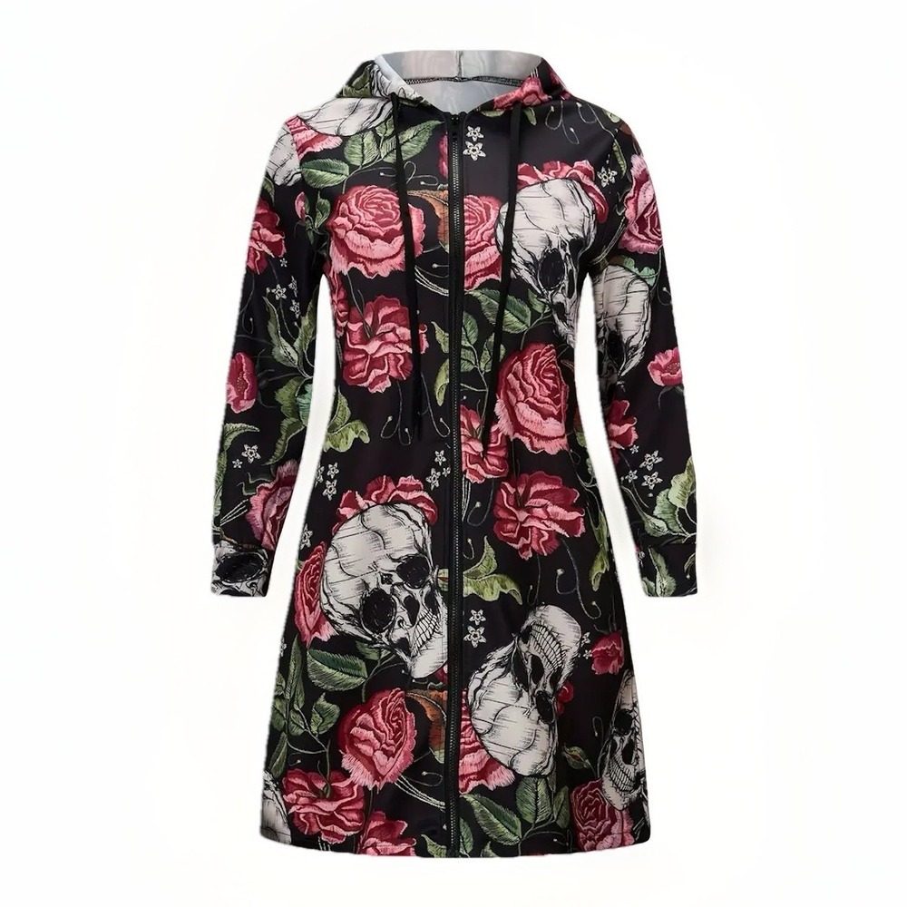 Love U Dear Skull Rose Hooded Sweater Dress 1X Goth Floral Zip Alt Grunge Punk